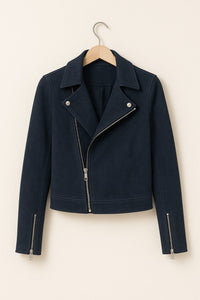 Women's Faux Suede Cropped Biker Jacket with Asymmetric Zip - Maisie London