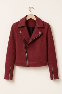 Women's Faux Suede Cropped Biker Jacket with Asymmetric Zip - Maisie London