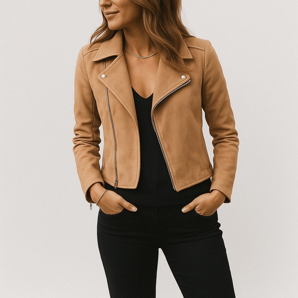 Women's Faux Suede Cropped Biker Jacket with Asymmetric Zip - Maisie London
