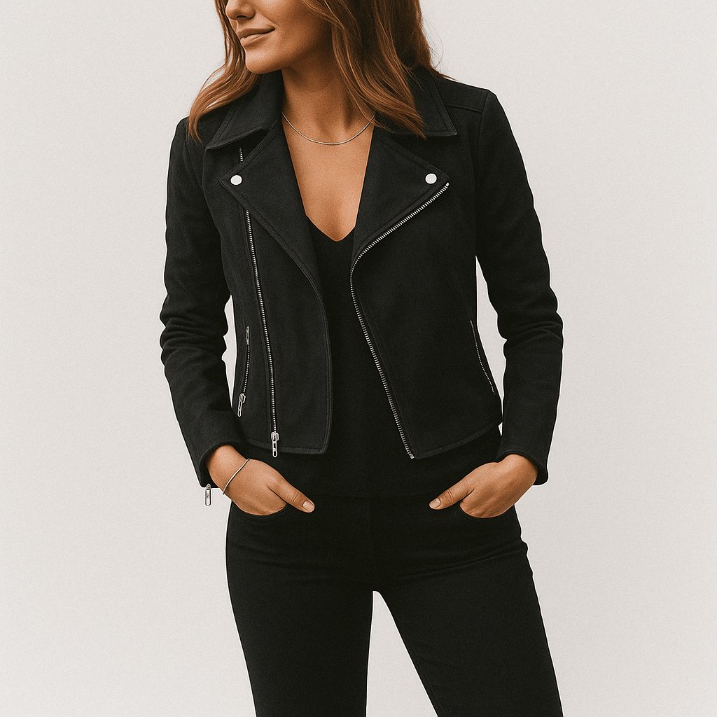 Women's Faux Suede Cropped Biker Jacket with Asymmetric Zip - Maisie London