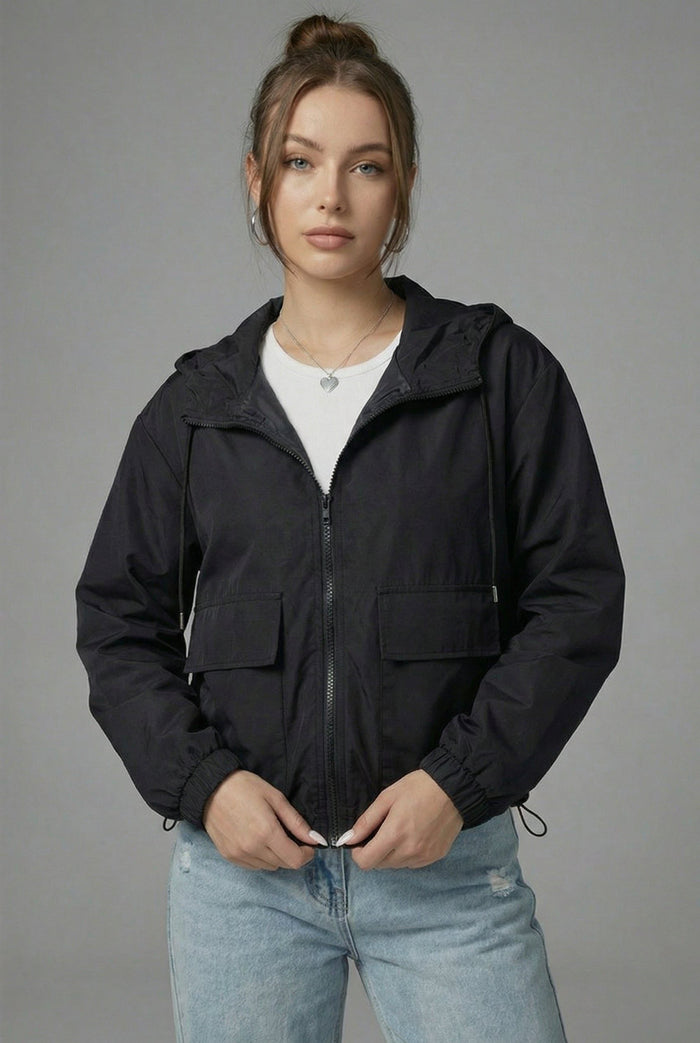 Women's Black Cropped Hooded Jacket with Zip Front and Patch Pockets - Maisie London