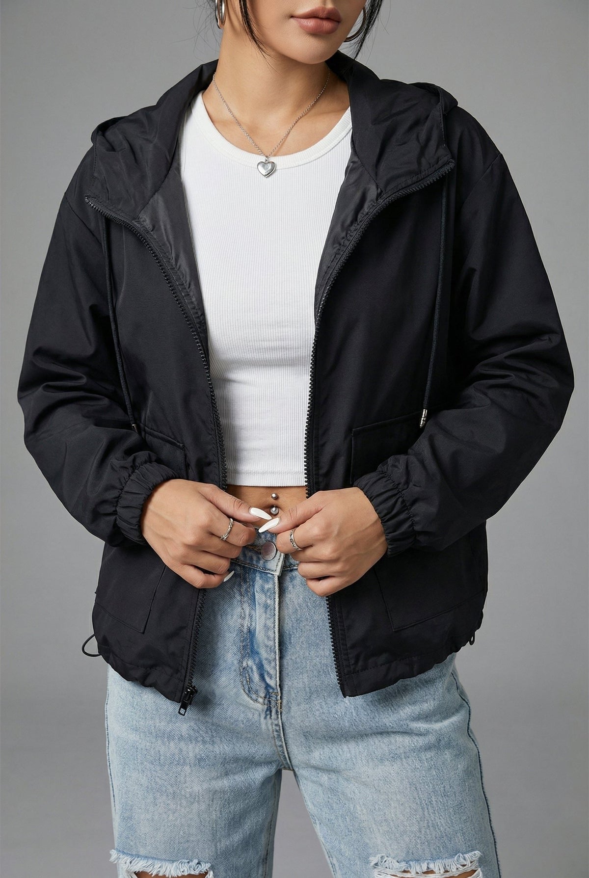 Women's Black Cropped Hooded Jacket with Zip Front and Patch Pockets - Maisie London