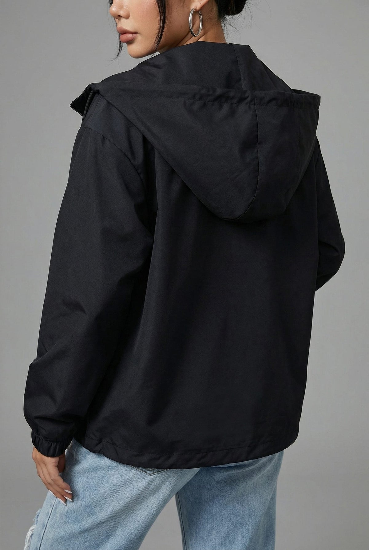 Women's Black Cropped Hooded Jacket with Zip Front and Patch Pockets - Maisie London