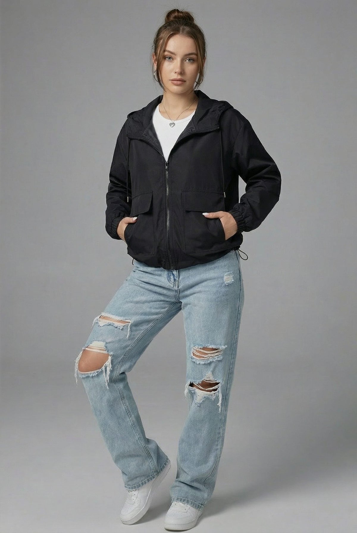 Women's Black Cropped Hooded Jacket with Zip Front and Patch Pockets - Maisie London