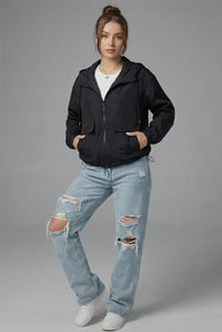 Women's Black Cropped Hooded Jacket with Zip Front and Patch Pockets - Maisie London
