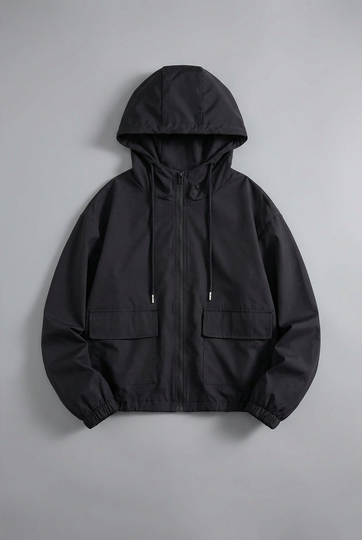 Women's Black Cropped Hooded Jacket with Zip Front and Patch Pockets - Maisie London