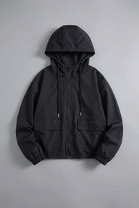 Women's Black Cropped Hooded Jacket with Zip Front and Patch Pockets - Maisie London