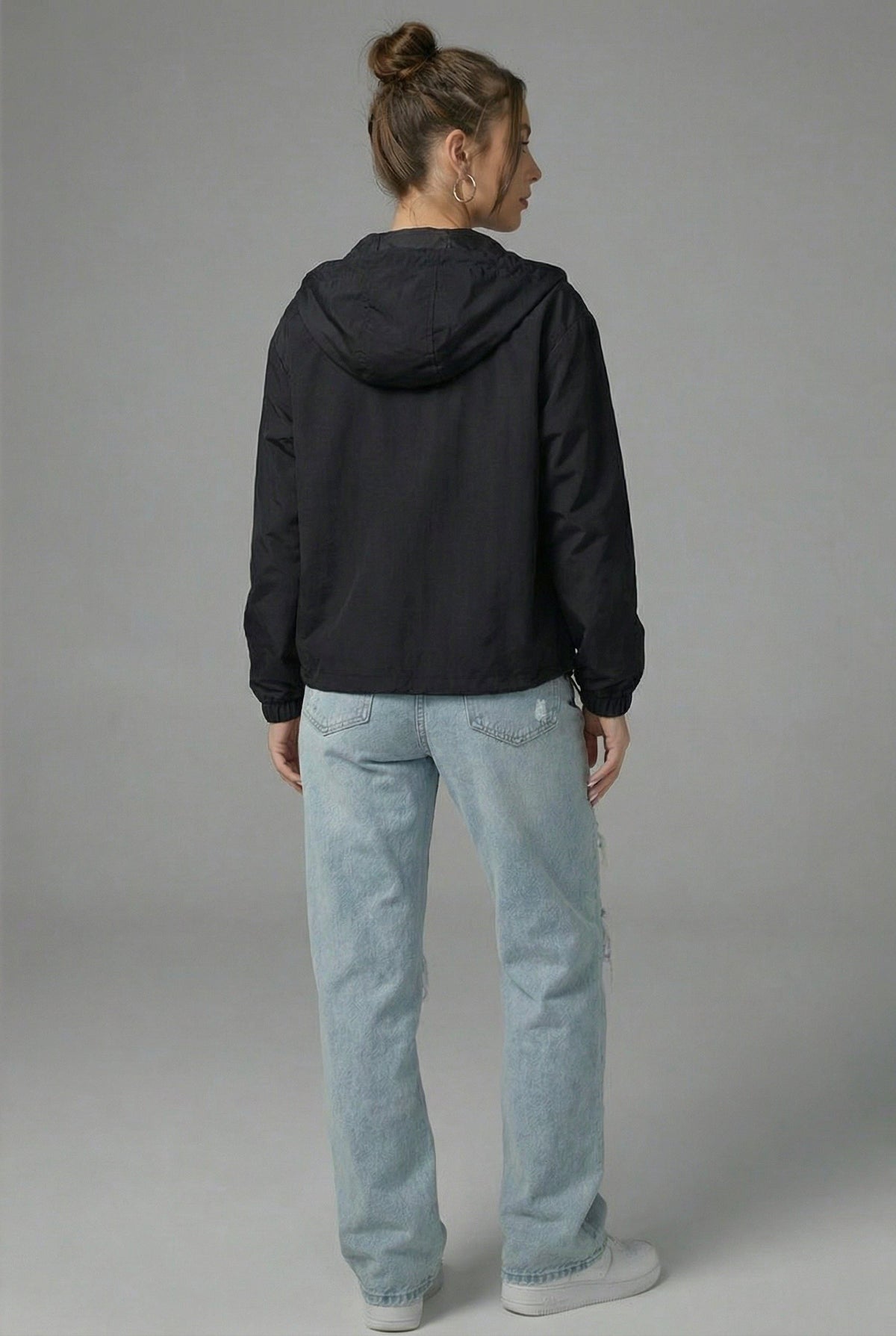 Women's Black Cropped Hooded Jacket with Zip Front and Patch Pockets - Maisie London