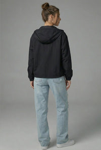 Women's Black Cropped Hooded Jacket with Zip Front and Patch Pockets - Maisie London