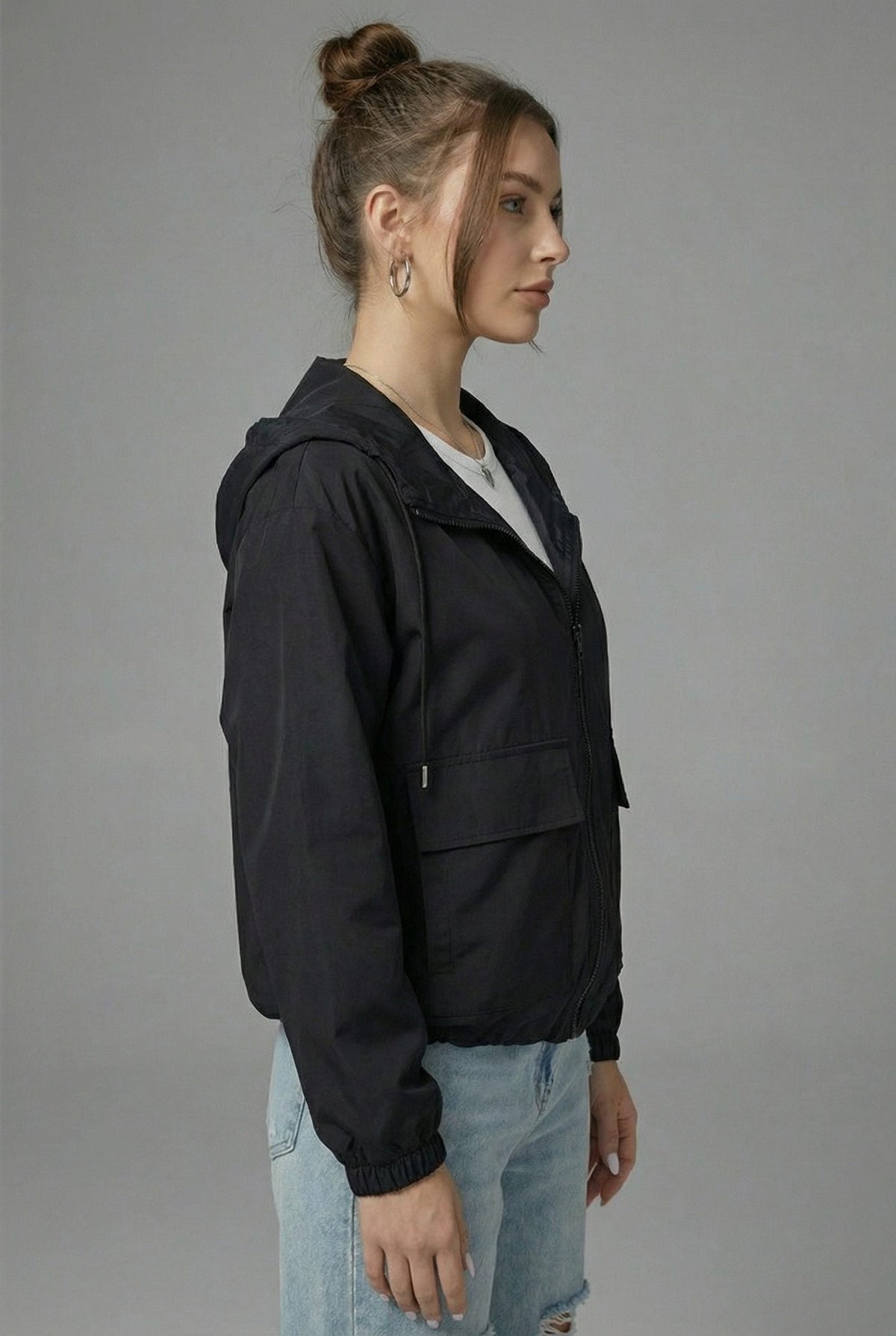 Women's Black Cropped Hooded Jacket with Zip Front and Patch Pockets - Maisie London