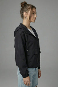 Women's Black Cropped Hooded Jacket with Zip Front and Patch Pockets - Maisie London