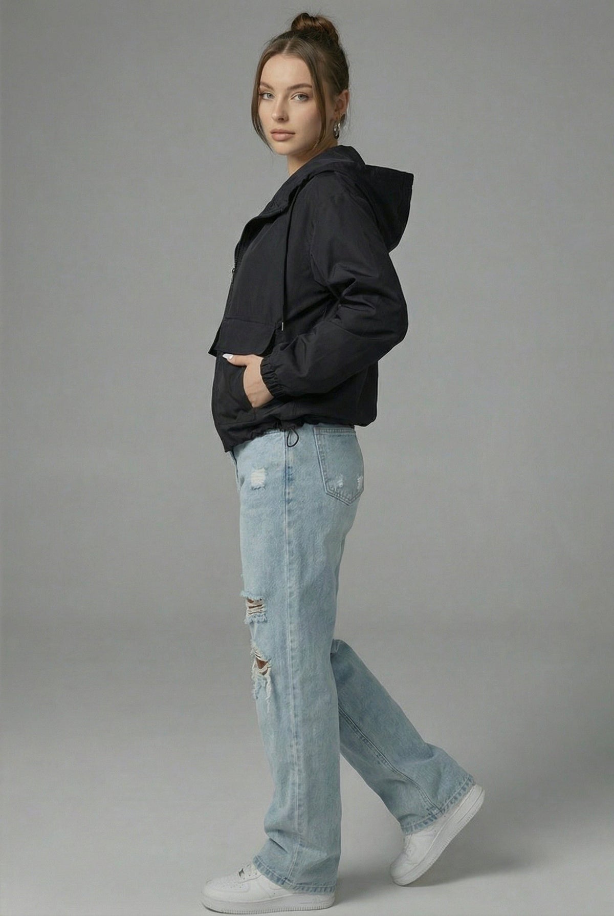 Women's Black Cropped Hooded Jacket with Zip Front and Patch Pockets - Maisie London
