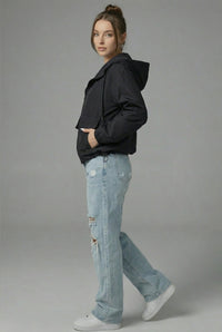 Women's Black Cropped Hooded Jacket with Zip Front and Patch Pockets - Maisie London