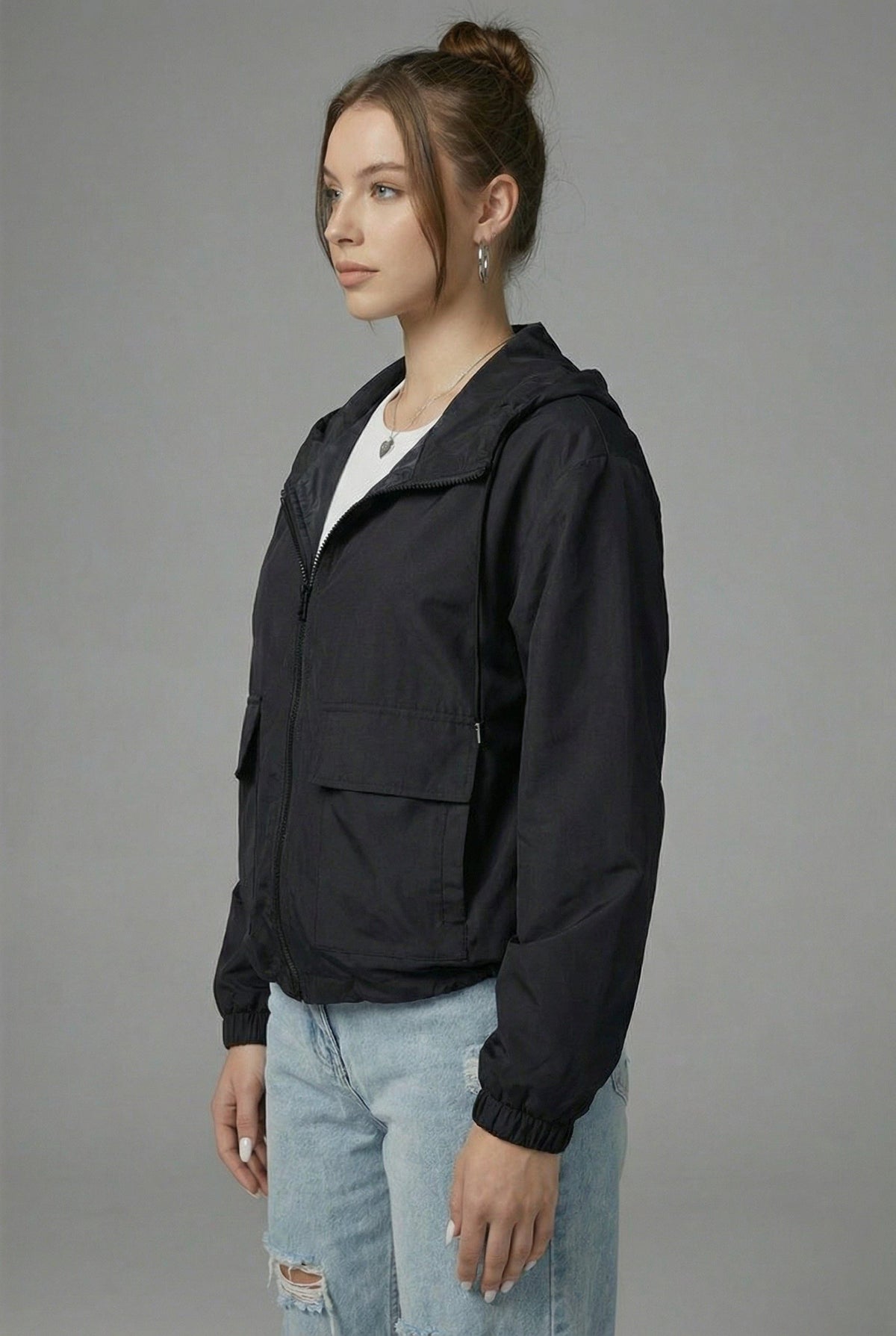 Women's Black Cropped Hooded Jacket with Zip Front and Patch Pockets - Maisie London