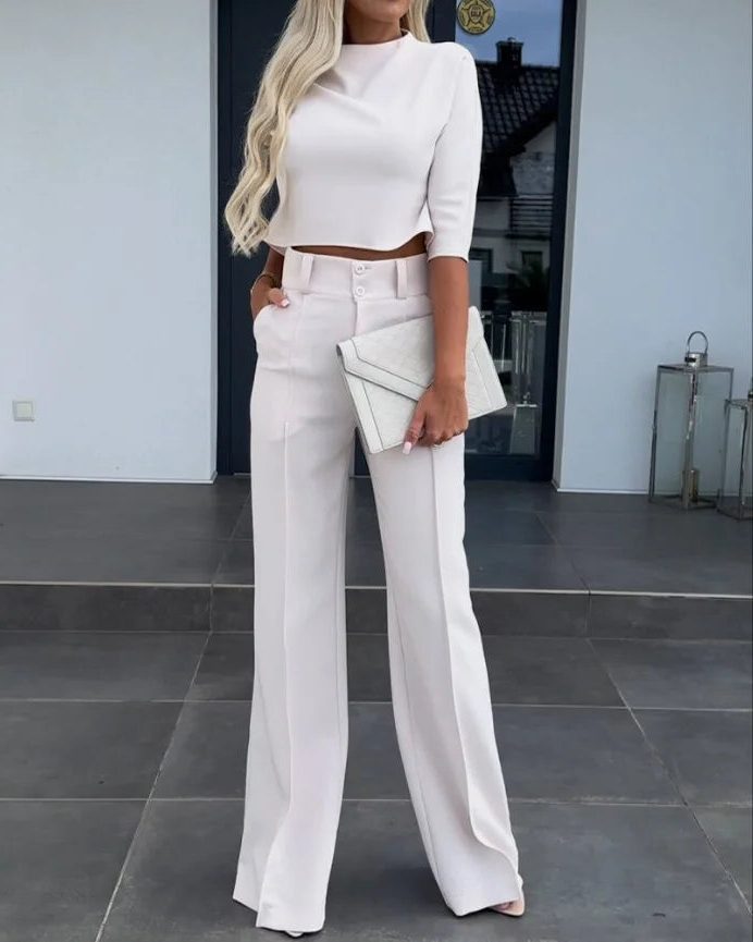 Women's Cropped Top and Wide-Leg Trouser Co-ord Set with High Waist - Maisie London