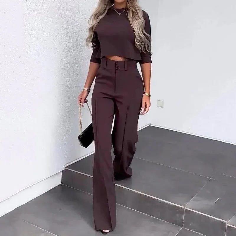 Women's Cropped Top and Wide-Leg Trouser Co-ord Set with High Waist - Maisie London