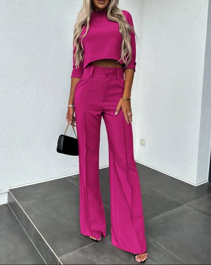 Women's Cropped Top and Wide-Leg Trouser Co-ord Set with High Waist - Maisie London