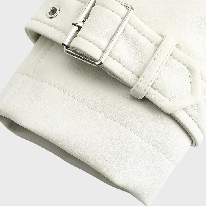 Women's Faux Leather Cropped Biker Jacket with Belt and Wide Collar - Maisie London