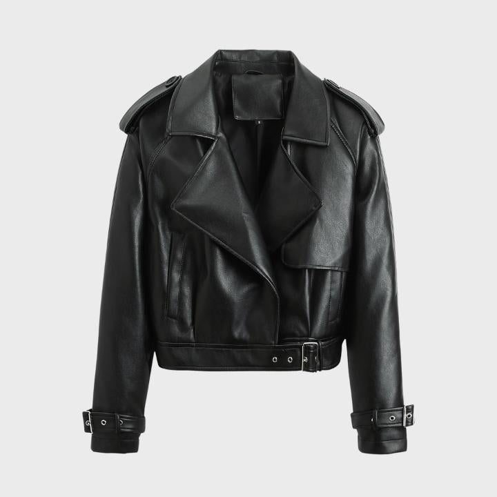 Women's Faux Leather Cropped Biker Jacket with Belt and Wide Collar - Maisie London