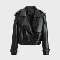 Women's Faux Leather Cropped Biker Jacket with Belt and Wide Collar - Maisie London