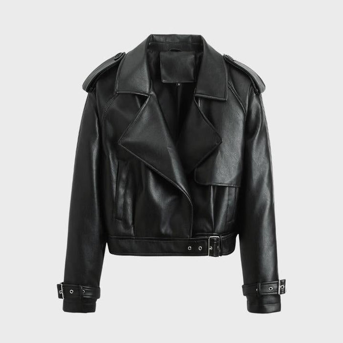 Women's Faux Leather Cropped Biker Jacket with Belt and Wide Collar - Maisie London