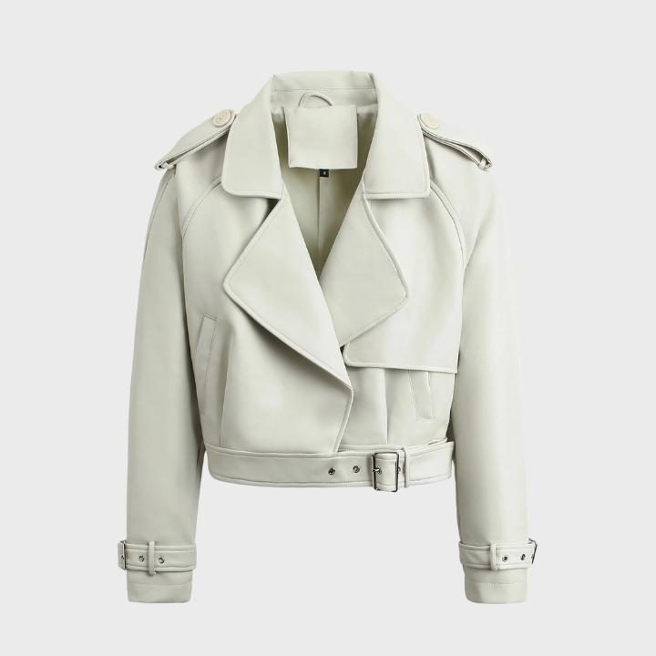 Women's Faux Leather Cropped Biker Jacket with Belt and Wide Collar - Maisie London