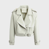 Women's Faux Leather Cropped Biker Jacket with Belt and Wide Collar - Maisie London