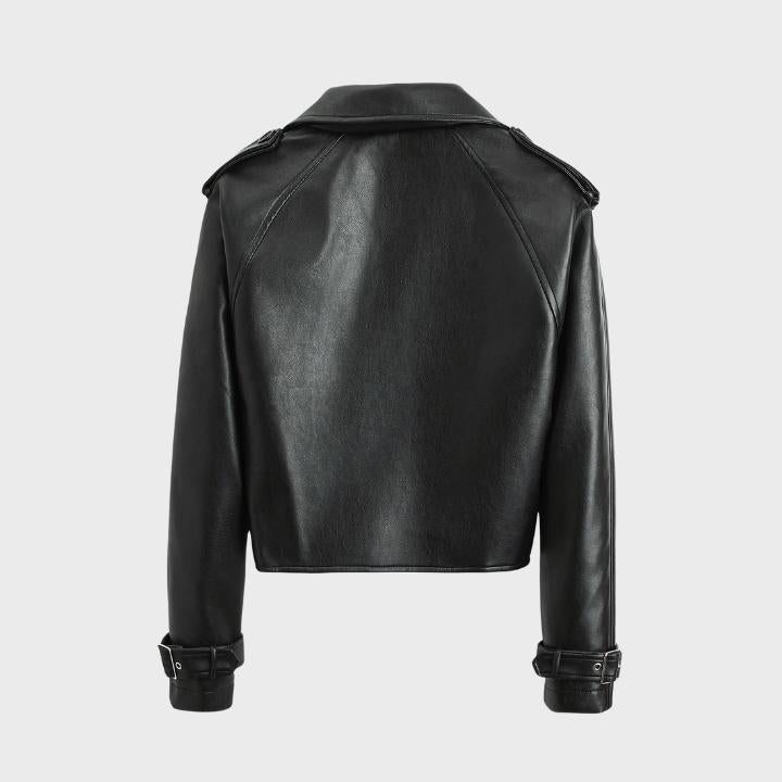 Women's Faux Leather Cropped Biker Jacket with Belt and Wide Collar - Maisie London