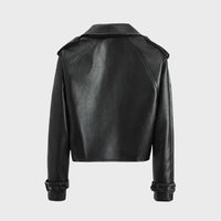 Women's Faux Leather Cropped Biker Jacket with Belt and Wide Collar - Maisie London