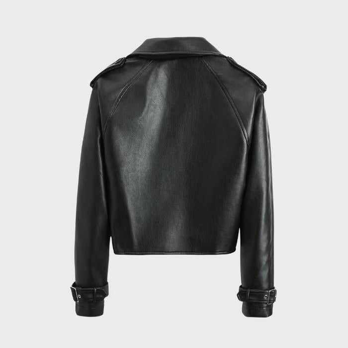 Women's Faux Leather Cropped Biker Jacket with Belt and Wide Collar - Maisie London