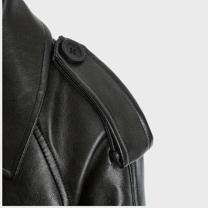 Women's Faux Leather Cropped Biker Jacket with Belt and Wide Collar - Maisie London