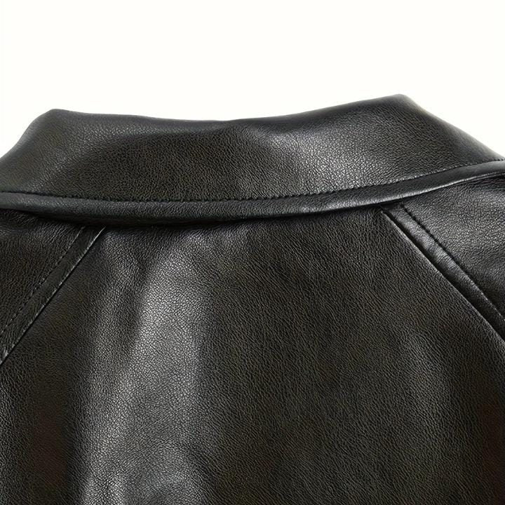 Women's Faux Leather Cropped Biker Jacket with Belt and Wide Collar - Maisie London