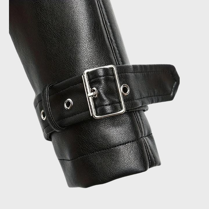 Women's Faux Leather Cropped Biker Jacket with Belt and Wide Collar - Maisie London