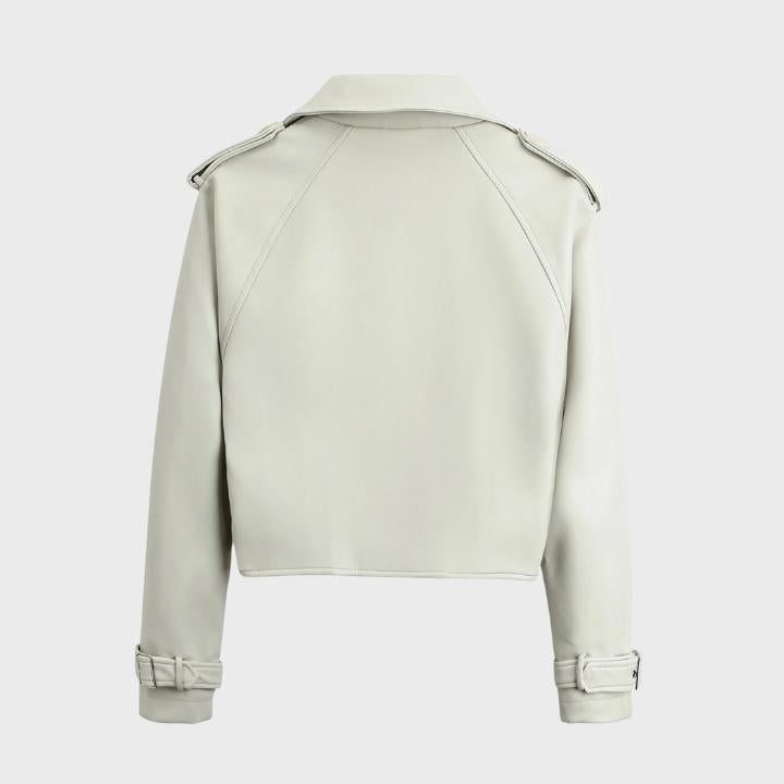 Women's Faux Leather Cropped Biker Jacket with Belt and Wide Collar - Maisie London