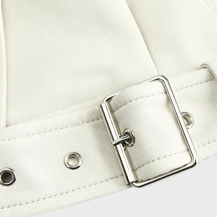 Women's Faux Leather Cropped Biker Jacket with Belt and Wide Collar - Maisie London