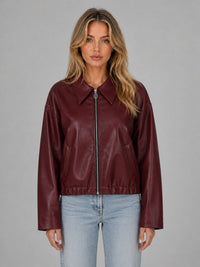 Women's Faux Leather Cropped Bomber Jacket with Zip Front and Collar - Maisie London