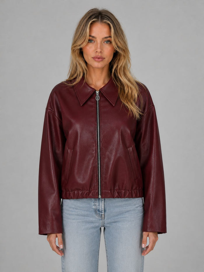 Women's Faux Leather Cropped Bomber Jacket with Zip Front and Collar - Maisie London