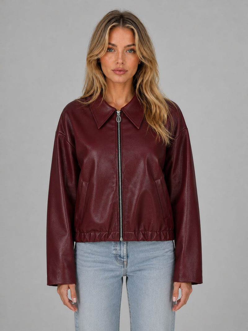 Women's Faux Leather Cropped Bomber Jacket with Zip Front and Collar - Maisie London