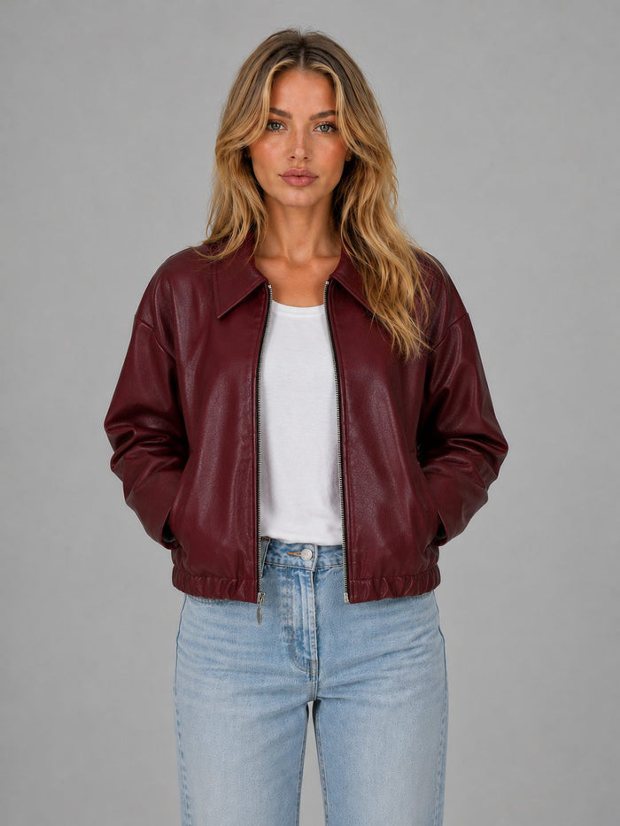 Women's Faux Leather Cropped Bomber Jacket with Zip Front and Collar - Maisie London