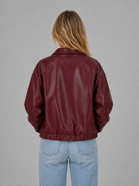 Women's Faux Leather Cropped Bomber Jacket with Zip Front and Collar - Maisie London