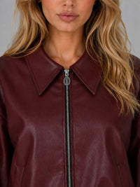 Women's Faux Leather Cropped Bomber Jacket with Zip Front and Collar - Maisie London