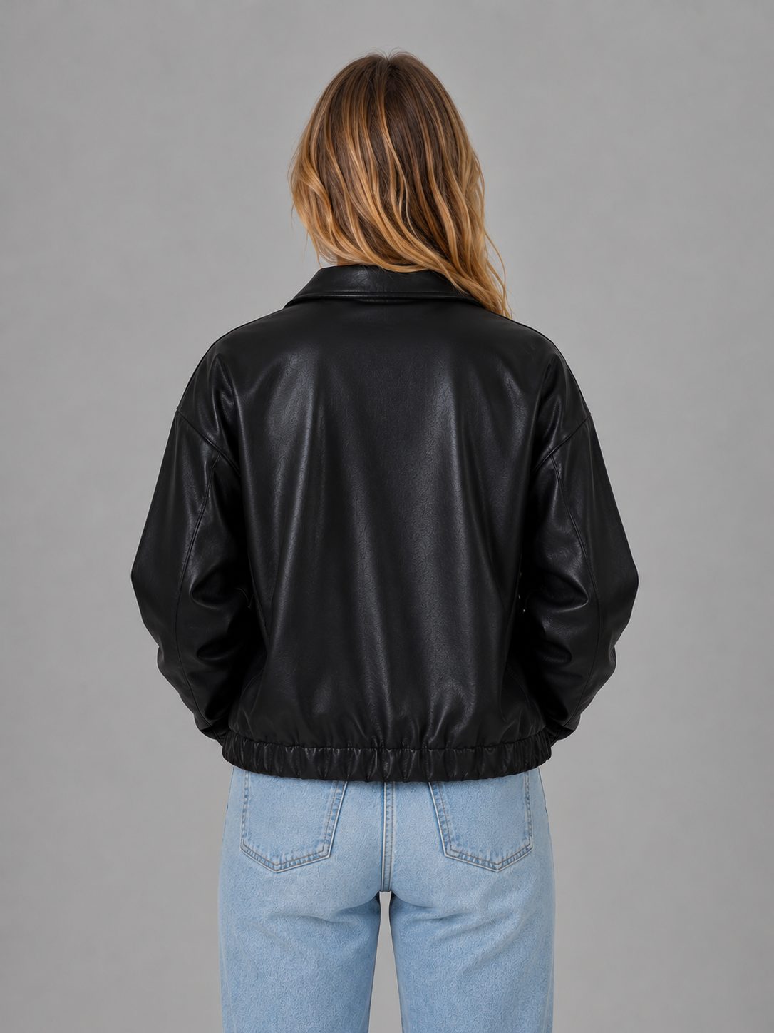 Women's Faux Leather Cropped Bomber Jacket with Zip Front and Collar - Maisie London
