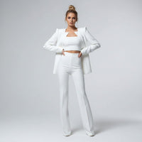 Women's Cropped Blazer and Flared Trouser Suit Set with Crop Top - Maisie London