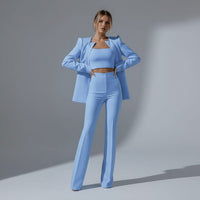Women's Cropped Blazer and Flared Trouser Suit Set with Crop Top - Maisie London