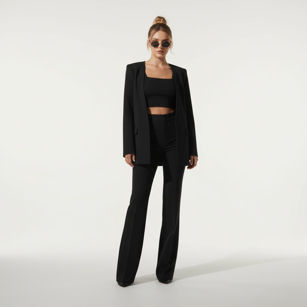 Women's Cropped Blazer and Flared Trouser Suit Set with Crop Top - Maisie London