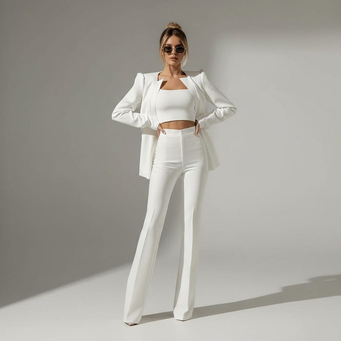 Women's Cropped Blazer and Flared Trouser Suit Set with Crop Top - Maisie London