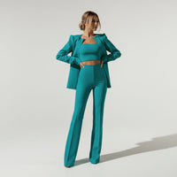 Women's Cropped Blazer and Flared Trouser Suit Set with Crop Top - Maisie London