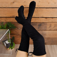 Women's Black Faux Suede Thigh-High Boots with Block Heel and Tie - Maisie London