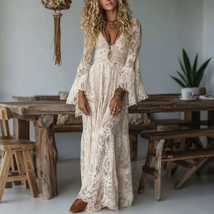 Women's White Lace Maxi Dress with Deep V-Neck and Flared Sleeves - Maisie London