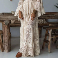 Women's White Lace Maxi Dress with Deep V-Neck and Flared Sleeves - Maisie London